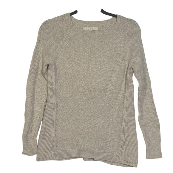LOFT Crewneck Sweater Cream Long Sleeve Knit Camel Hair Size Small Ribbed Cozy - Picture 1 of 9